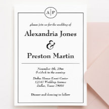 Invitación Mínima de Boda en Monograma Blanco y Ne