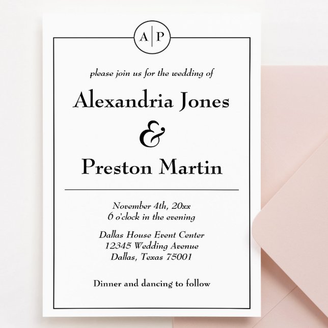 Invitación Mínima de Boda en Monograma Blanco y Ne (simple minimalist wedding invitation with black and white text and couple's initial monogram)