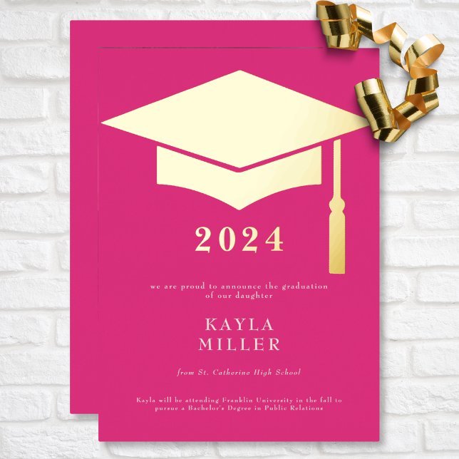 Invitación Mínima De Grado De Tapón De Oro Blanco  (Minimal Hot Pink & White Gold Cap Graduation Foil Invitation)