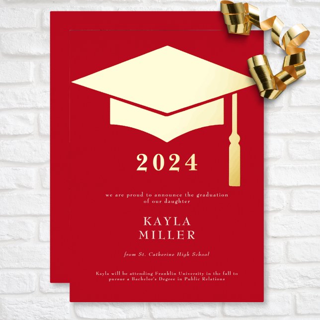 Invitación mínima de gránulos de oro rojo y blanco (Minimal Red & White Gold Cap Graduation Foil Invitation)