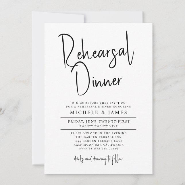 Invitación Mínima escritura tipografía Boda ensayo Cena (Anverso)