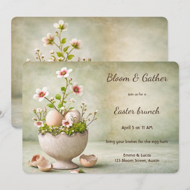 Invitación Mínima Floral de Brunch de Pascua Prima (Anverso / Reverso)