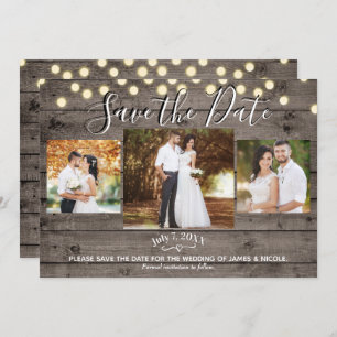 Invitación Mínima foto Rustic Wood & Lights Save the Date