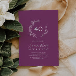 Invitación Mínima Leaf Berry Purple 40th Birthday Invitation