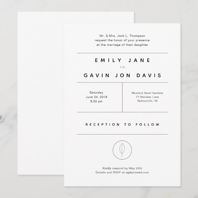 Invitación mínima moderna blanca y gris de la boda (Anverso / Reverso)