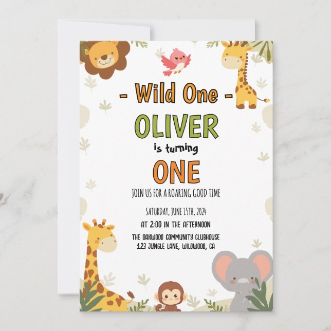 Invitación Mínima Selva Safari Cumpleaños Bebé Salvaje Uno (Anverso)