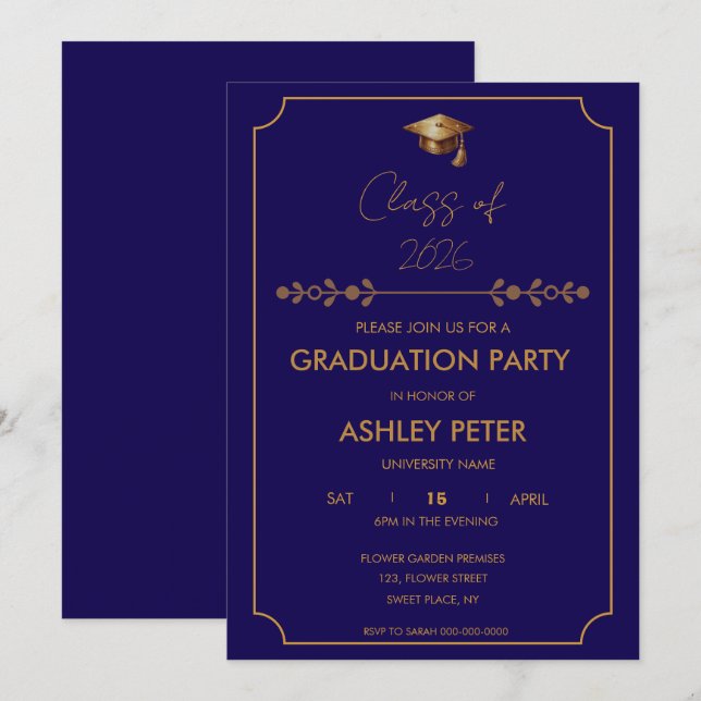 Invitación Mínima y Elegante a Fiesta de Graduació (Anverso / Reverso)