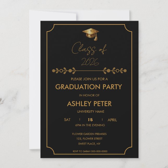 Invitación Mínima y Elegante de Graduación en Negr (Anverso)