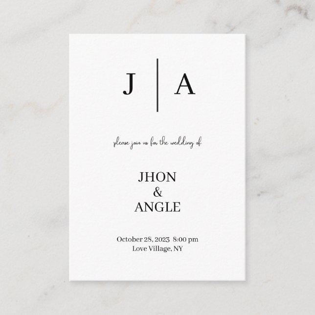Invitación mínima y Moda a la boda blanca negra (Anverso)