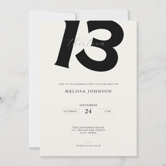Invitación Minimal 13th Birthday Invitation: Bold Typography (Anverso)