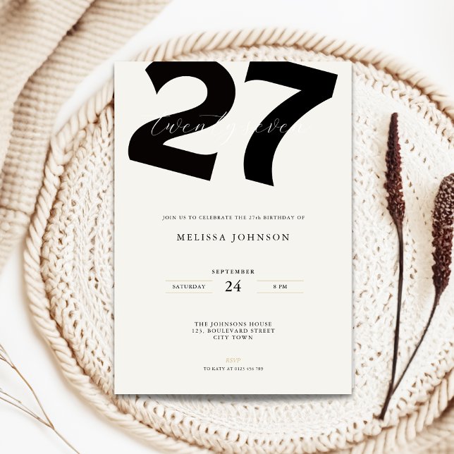 Invitación Minimal 27th Birthday Invitation - Bold Typo (Minimal 27th birthday invitation with bold typography)