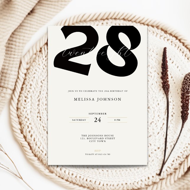 Invitación Minimal 28th Birthday Invitation - Bold Typo (Minimal 28th birthday invitation with bold typography)