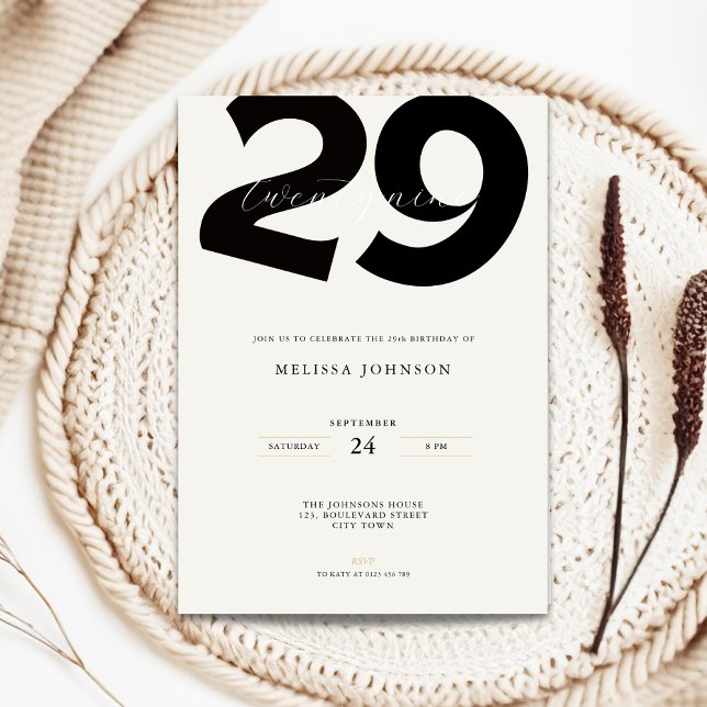 Invitación Minimal 29th Birthday Invitation - Bold Typo (Minimal 29th birthday invitation with bold typography)