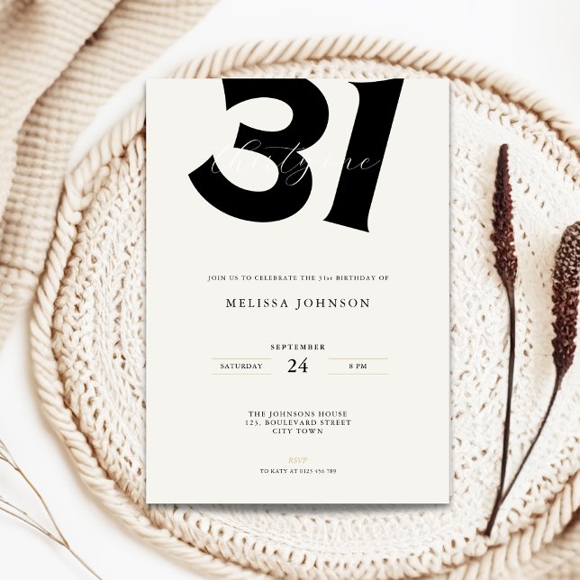 Invitación Minimal 31st Birthday Invitation - Bold Typo (Minimal 31st birthday invitation with bold typography)