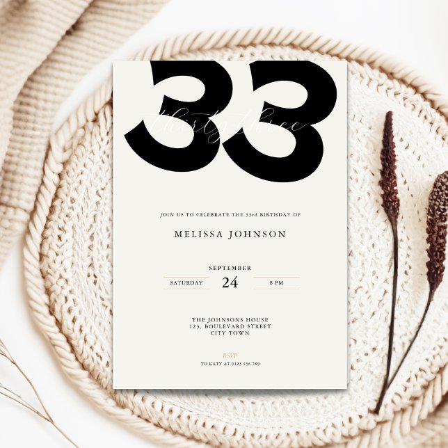 Invitación Minimal 33rd Birthday Invitation - Bold Typo (Minimal 33rd birthday invitation with bold typography)