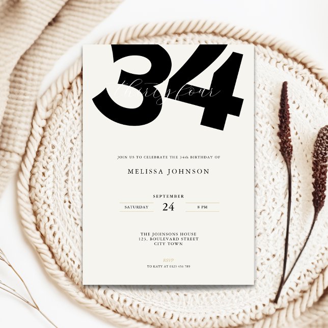 Invitación Minimal 34th Birthday Invitation - Bold Typo (Minimal 34th birthday invitation with bold typography)