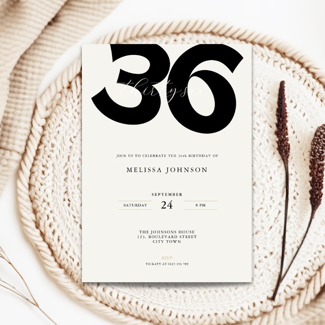 Invitación Minimal 36th Birthday Invitation - Bold Typo (Minimal 36th birthday invitation with bold typography)