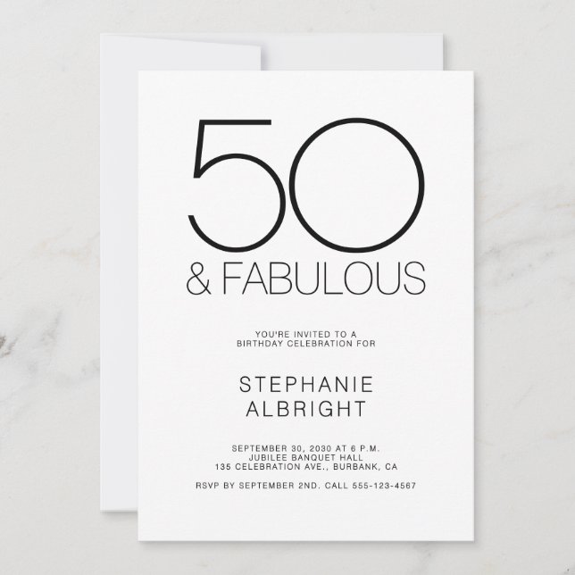 Invitación Minimal 50 and Fabulous 50th Birthday Party (Anverso)