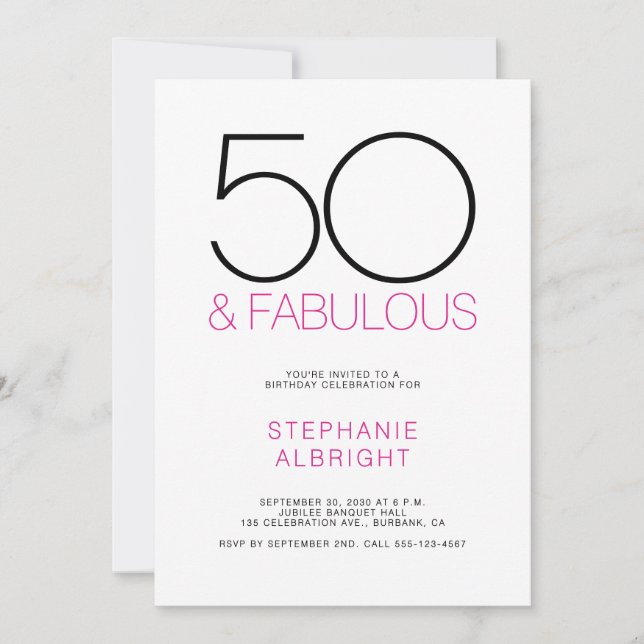 Invitación Minimal 50 and Fabulous Pink 50th Birthday Party (Anverso)