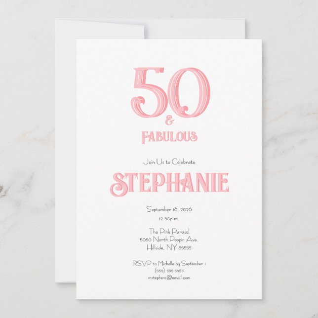 Invitación Minimal 50 and Fabulous Pink 50th Birthday Party (Anverso)