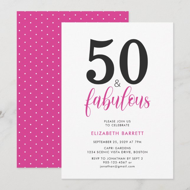 Invitación Minimal 50 and Fabulous Pink 50th Birthday Party (Anverso / Reverso)