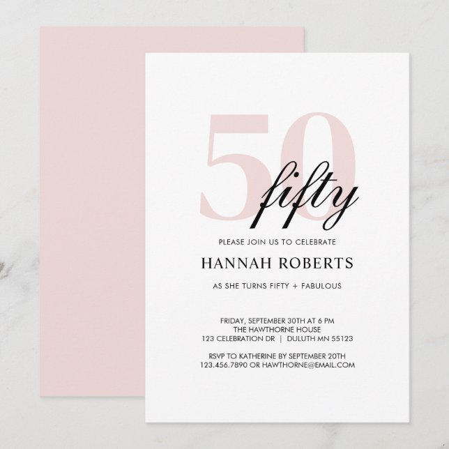 Invitación Minimal 50 and Fabulous Pink 50th Birthday Party (Anverso / Reverso)