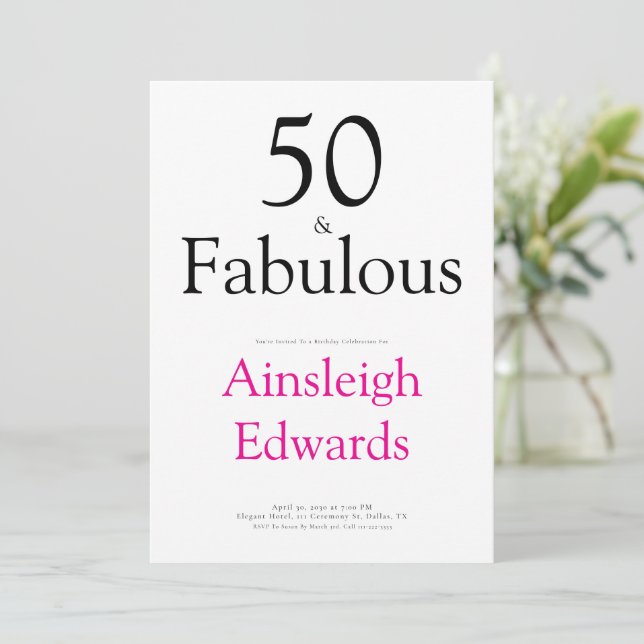 Invitación Minimal 50 & Fabulous Pink Fiftieth Birthday Party (Anverso de pie)