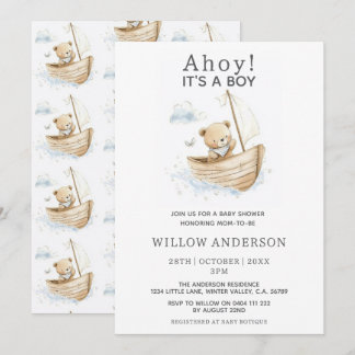Invitación Minimal Ahoy Es Un Niño Teddy Velero Shower De Beb