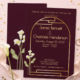 Invitación Minimal Art Nouveau Gold Arch Lily Plum Wedding