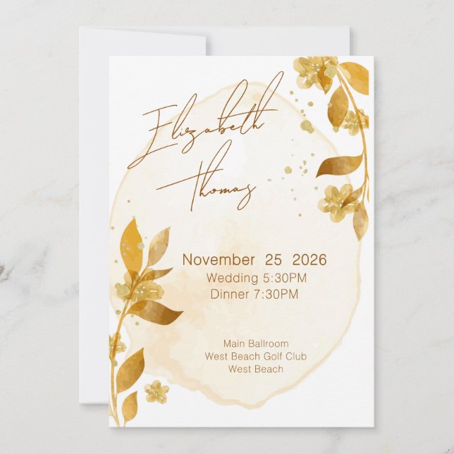 Invitación Minimal Autumn Golden Botanical Script Wedding (Anverso)