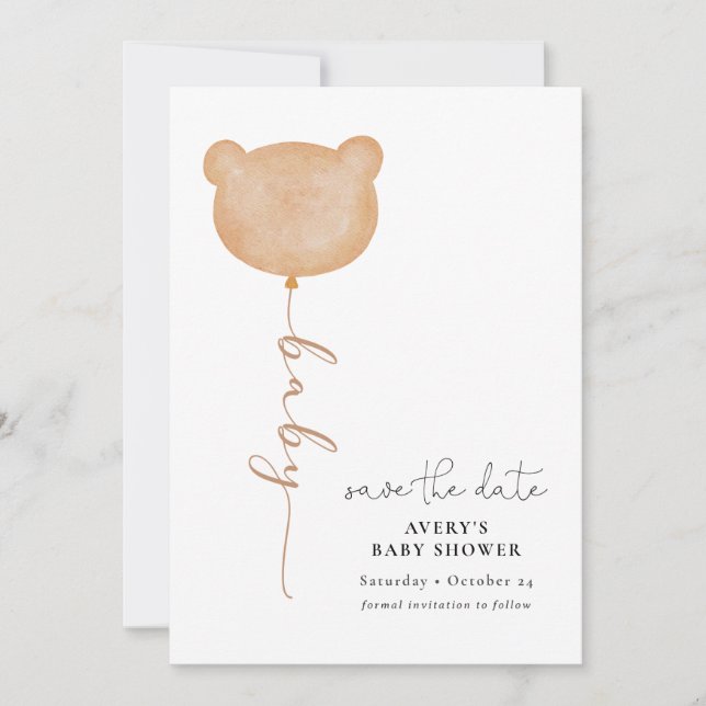 Invitación Minimal Baby Bear Balloon Save the Date (Anverso)