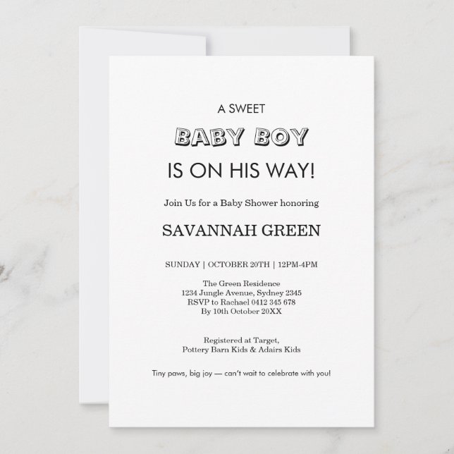 Invitación Minimal Baby Boy Shower Typography Design (Anverso)