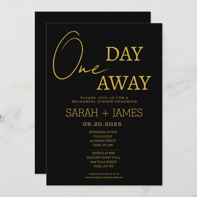 Invitación Minimal Black Gold One Day Away Rehearsal Dinner (Anverso / Reverso)