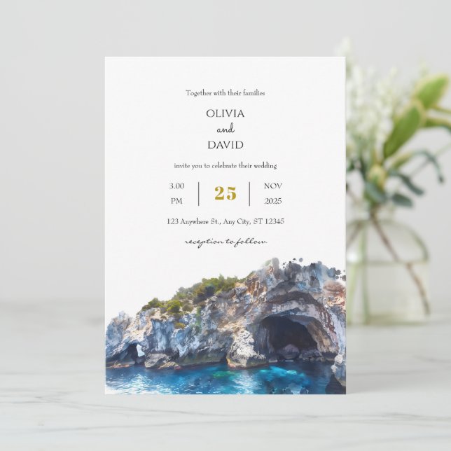 Invitación Minimal Blue Cliff Coastal Landscape Beach Wedding (Anverso de pie)