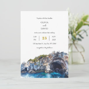 Invitación Minimal Blue Cliff Coastal Landscape Beach Wedding