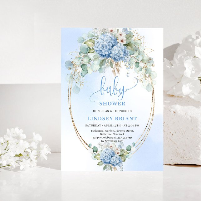 Invitación Minimal Boho Azul Floral para Baby Show (Minimal Boho Blue Floral Baby Shower Invitation)