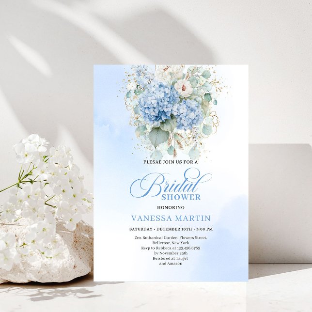 Invitación Minimal Boho Azul Floral para Despedida (Minimal Boho Blue Floral Bridal Shower Invitation)