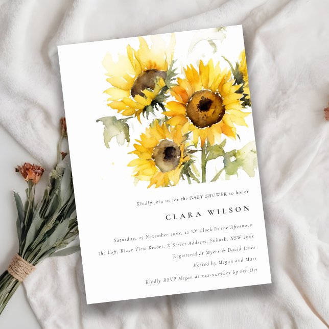 Invitación Minimal Boho Watercolor Sunflower Baby Shower (Subido por el creador)