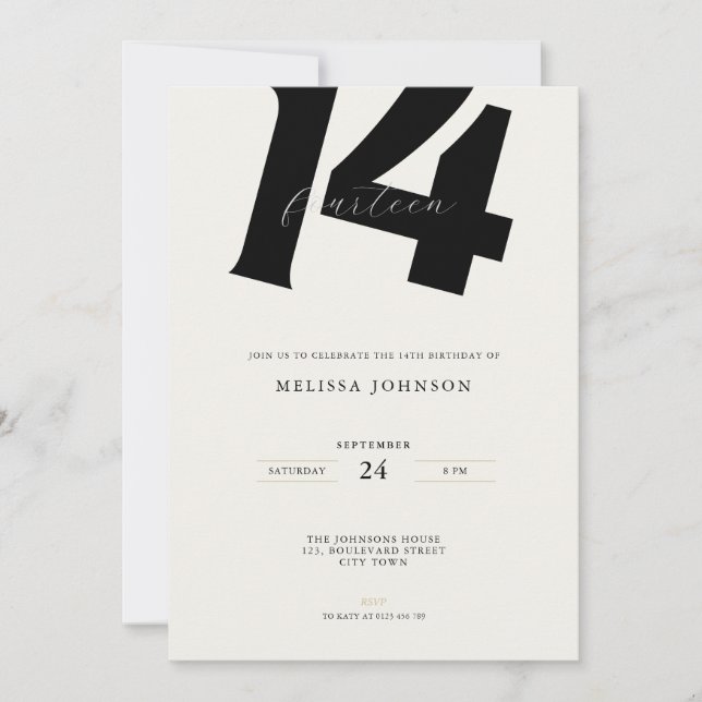 Invitación Minimal Bold Typography 14th Birthday  (Anverso)