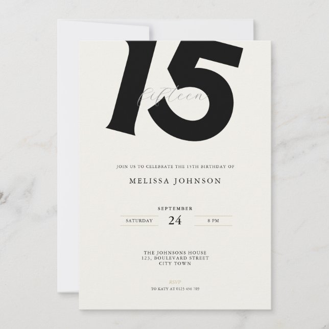 Invitación Minimal Bold Typography 15th Birthday  (Anverso)