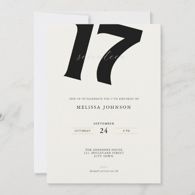 Invitación Minimal Bold Typography 17th Birthday  (Anverso)
