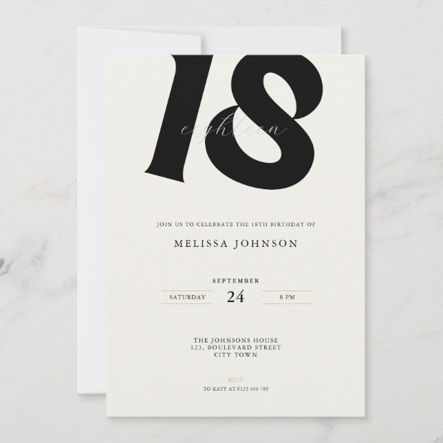 Invitación Minimal Bold Typography 18th Birthday  (Anverso)