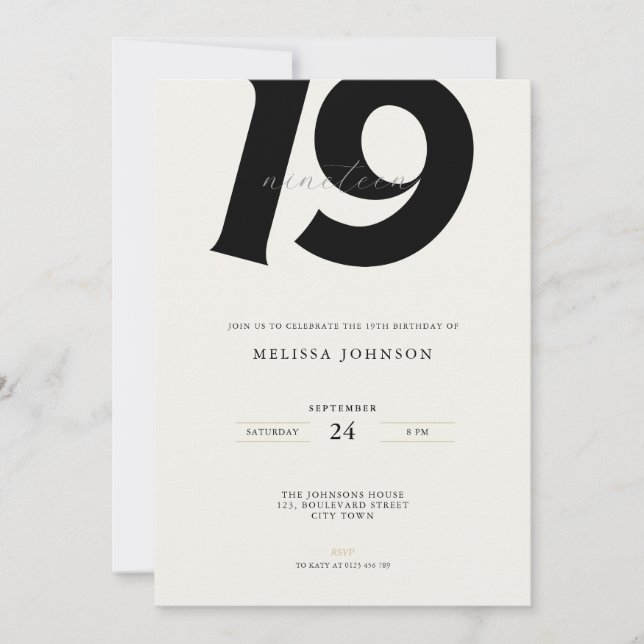 Invitación Minimal Bold Typography 19th Birthday  (Anverso)