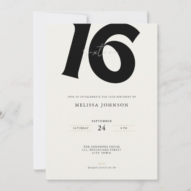 Invitación Minimal Bold Typography sweet 16th Birthday  (Anverso)