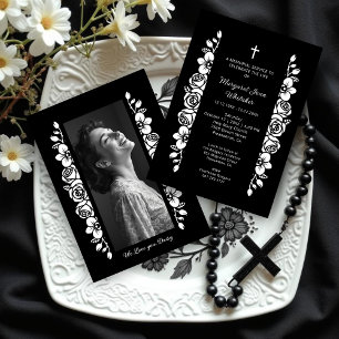 Invitación Minimal Botanic Back & White Garland Photo Funeral