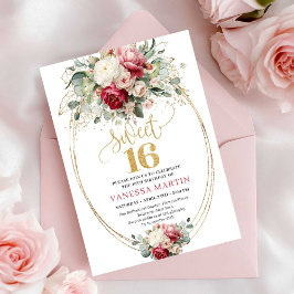 Invitación Minimal Burgundy Blush Gold Floral Sweet 16 Invite