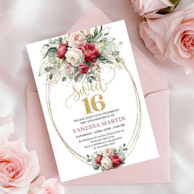 Invitación Minimal Burgundy White Gold Sweet Sixteen Invite (Minimal Burgundy White Gold Sweet Sixteen Invite)