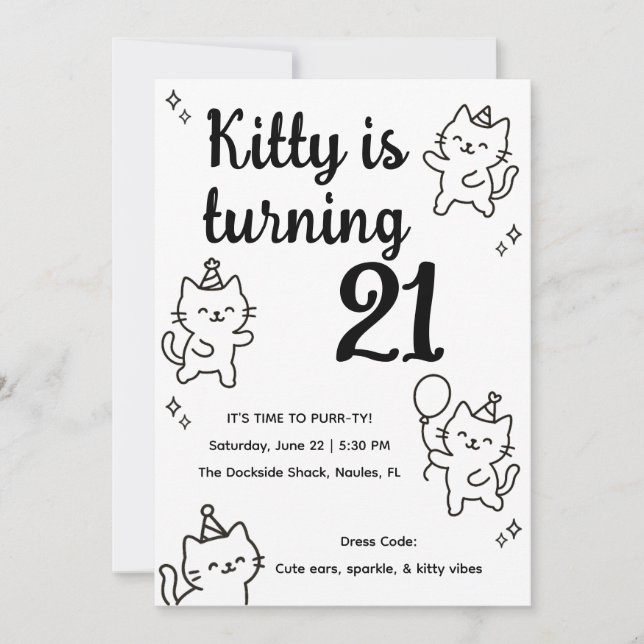 Invitación Minimal Cat Doodle Birthday Invitation (Anverso)