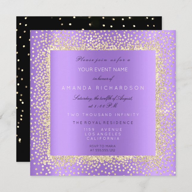 Invitación Minimal Champaigne Oro Negro Confeti Violeta Púrpu (Anverso / Reverso)