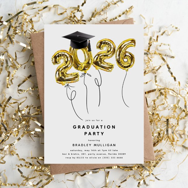 Invitación Minimal Class of '2026' Gold Balloons Graduation (Subido por el creador)